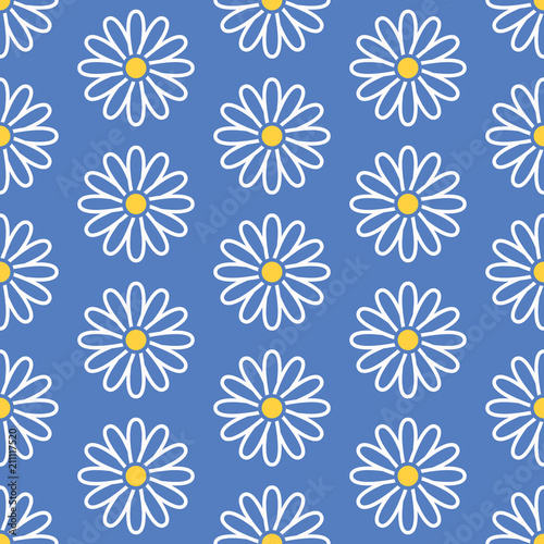 Floral seamless pattern with flat line icons of daisy chains. Flower background beautiful garden chamomile plant. Blue white dark color texture for kids fabric.