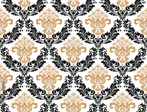 Wallpaper in the style of Baroque. Seamless vector background. Black and gold floral ornament. Graphic pattern for fabric, wallpaper, packaging. Ornate Damask flower ornament