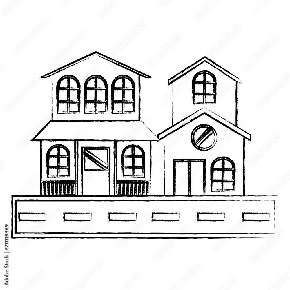 modern houses and street over white background, vector illustration