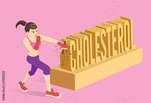 Healthy woman breaking the word Cholesterol with punching. Conceptual illustration about workout for reduce cholesterol.
