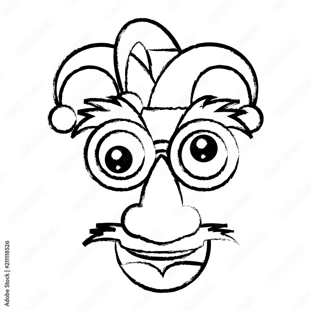 sketch of Comic face with mustache and jester hat over white background, vector illustration