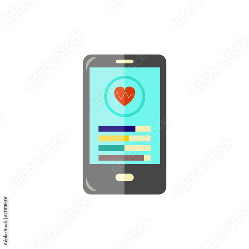 Sport and healthcare mobile app at smartphone - modern gadget with fitness tracking application, health monitoring and heart beating and pulse data. Flat isolated vector illustration.