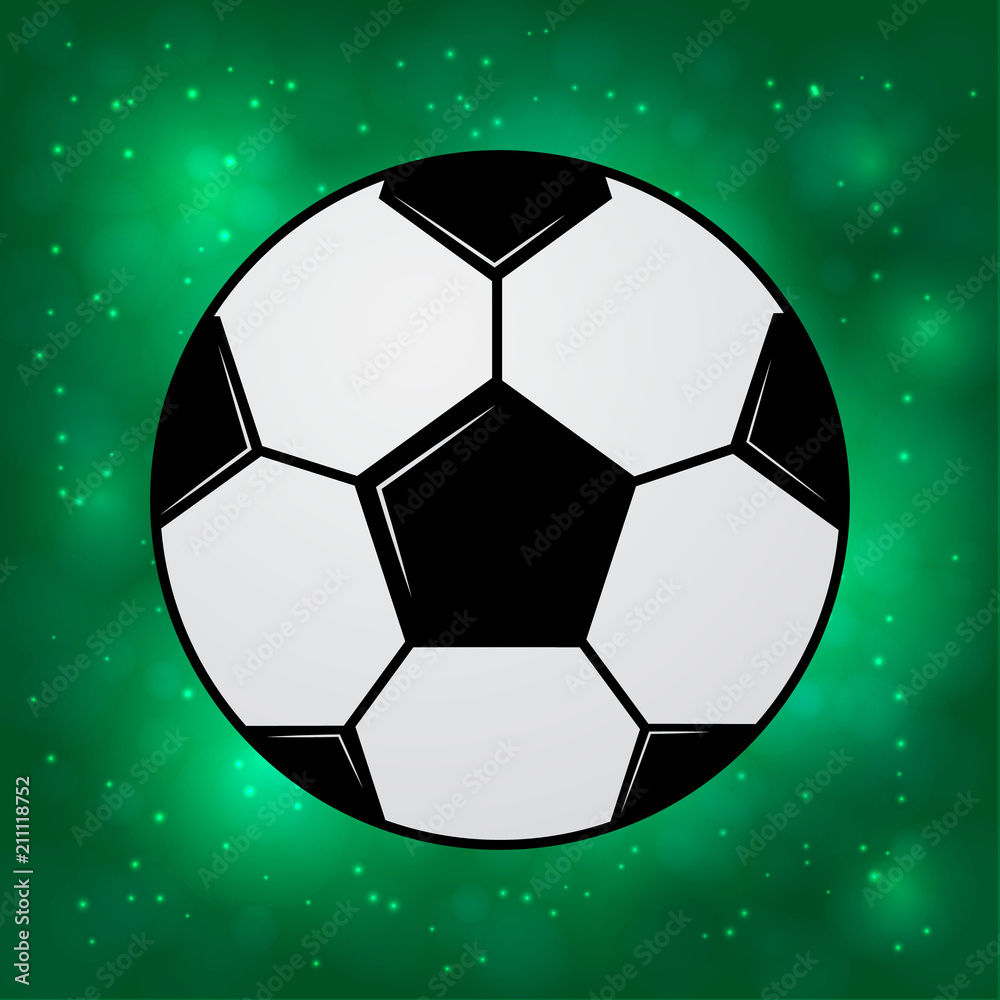 Soccer ball on green blurred boreh sparkling background. Universe of football concept. Healthy life, sport and activities in the world. Template for your design projects.