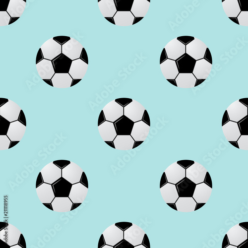Black and white soccer balls on light blue background. Football seamless pattern. Cartoon sport vector illustration.