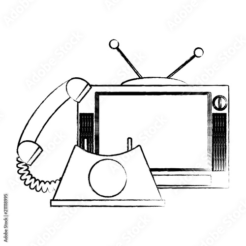 retro television and telephone icon over white background, vector illustration