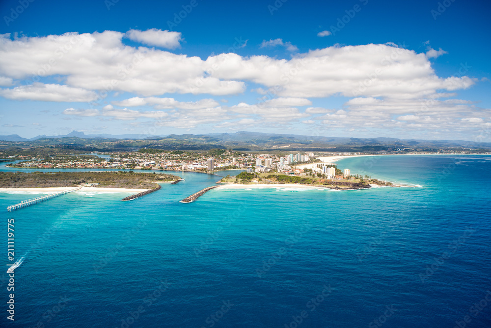 An aerial view of the beach at snapper Rocks and Coolangatta on the Gold Coast in Queensland, Australia
