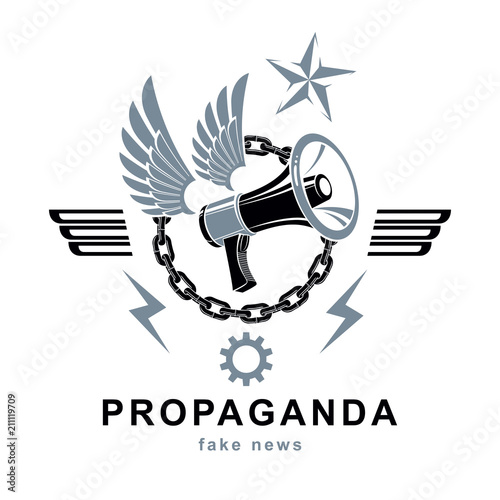 Vector winged logo composed with megaphone equipment surrounded by iron chain and engineering cog wheel. Propaganda as the method of ideology imposing