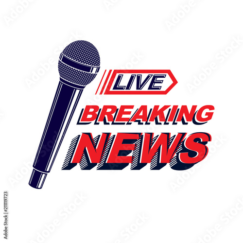 Hot news conceptual logo composed using breaking live news writing and press microphones. Global broadcasting theme illustration.