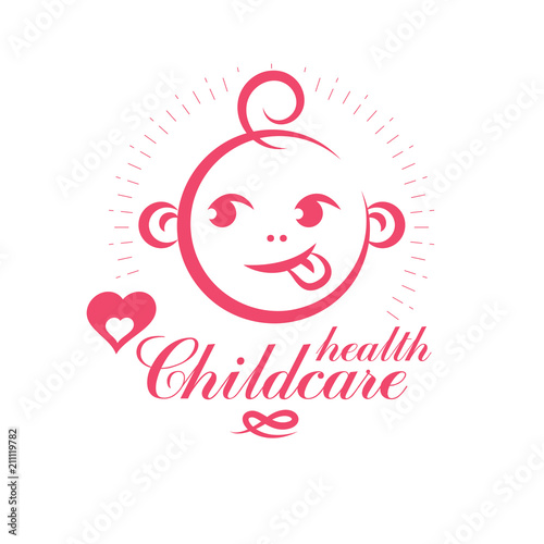 Cute smiling child face vector emblem. Innocent tiny firstborn. New life care conceptual illustration. Medical rehabilitation and childcare center emblem