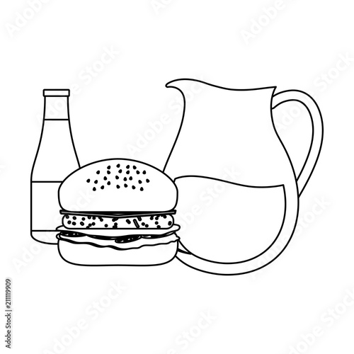 lemonade pitcher with hamburger and sauce bottle icon over white background, vector illustration
