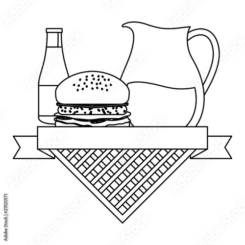 picnic emblem with hamburger and lemonade pitcher icon over white background, vector illustration