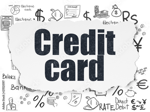 Banking concept  Painted black text Credit Card on Torn Paper background with  Hand Drawn Finance Icons