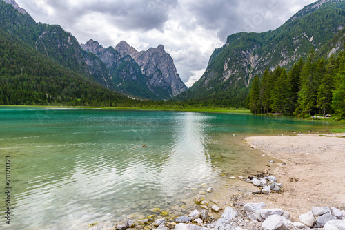Lake Dobbiaco (Toblacher See, Lago di Dobbiaco) in Dolomite Alps, South Tirol, Italy - Travel destination in Europe