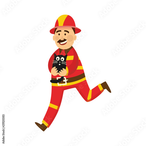 Fireman in fire protection uniform, helmet running holding rescued cat. Male firefighter character smiling flat icon. Emergency, rescue service worker. Vector isolated illustration.