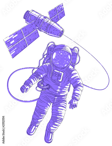 Spaceman flying in open space connected to space station, astronaut man or woman in spacesuit floating in weightlessness and iss spacecraft behind him. Vector illustration isolated over white.