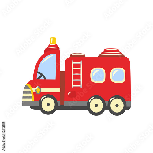 Fire truck, emergency vehicle icon. Red rescue car, fire engine with ladder, water hose and firefighters inside. Firemen transportation symbol. Vector isolated illustration