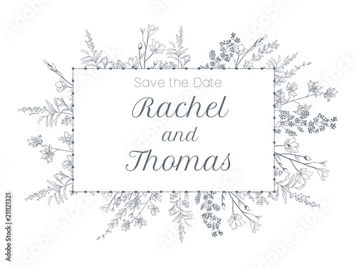 Set of wedding party invitation and Save The Date card templates with Lily of the valley flowers hand drawn with black contour lines on white background. Beautiful floral vector illustration.