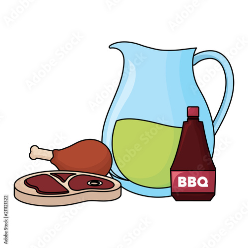 Picnic food design with lemonade pitcher and steak meat over white background, vector illustration