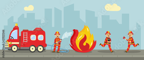 Fireman in fire protection uniform extinguishing fire concept. Male characters running with fire axe, holding water hydrant standing near emergency vehicle. Vector illustration