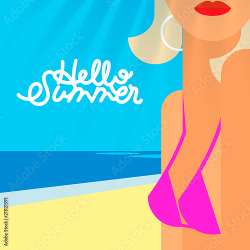 Hello summer poster, portrait of sexy hot girl with red lips on a beach in pink bikini, vector illustration.