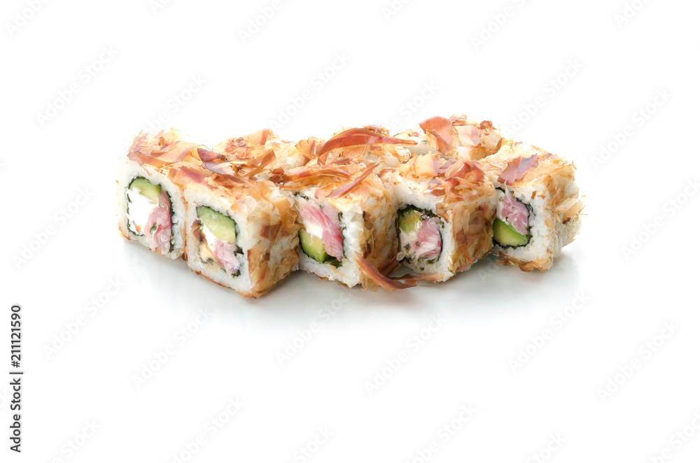 sushi, rolls, poppies on white background with reflection isolated, with tuna chips, Bonito tuna