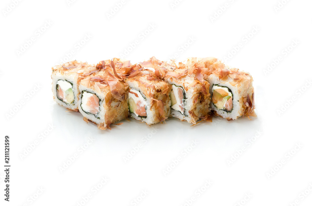 sushi, rolls, poppies on white background with reflection isolated, with tuna chips, Bonito salmon sushi, rolls, poppies on white background with reflection isolated, with tuna chips, Bonito salmon