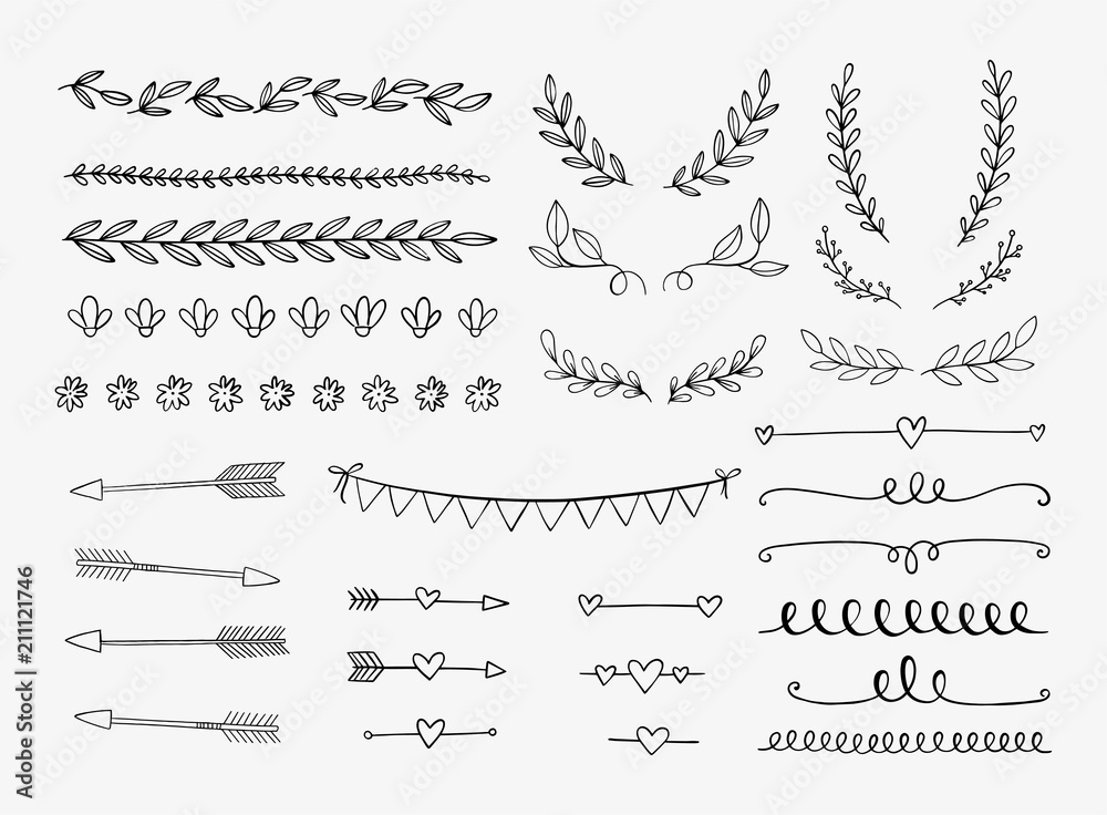 Vector dividers, laurels, swirls and arrows. Hand drawn doodle design elements. Borders and lines isolated.