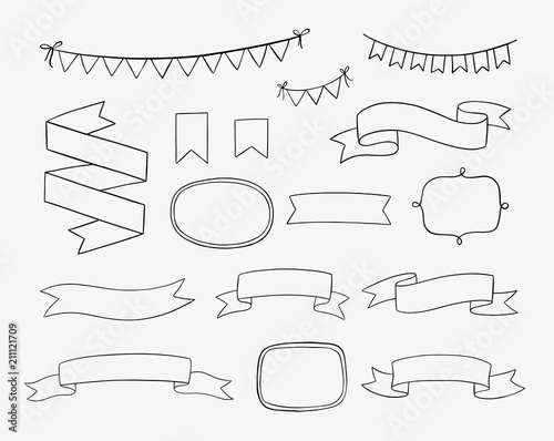 Set of hand drawn design elements. Vintage vector doodle banners, ribbons, frames, bunting banners in cartoon style. Wedding invitations, greeting cards, posters and other.