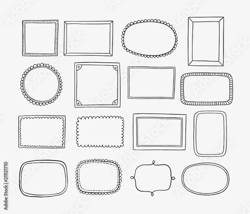 Hand drawn frames and labels set. Doodle vector design elements. Cartoon style.