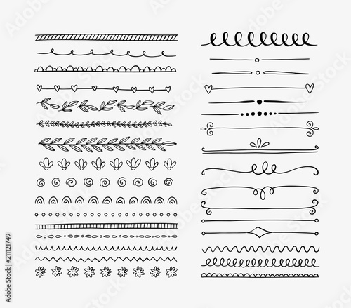 Set of hand drawn lines, dividers and swirls. Vector doodle design elements.