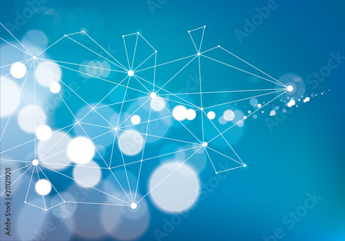 Minimalism chaotic 3d connection communication mesh technology and science background. With blurred defocused round lights texture. Vector abstract virtual particles structure.