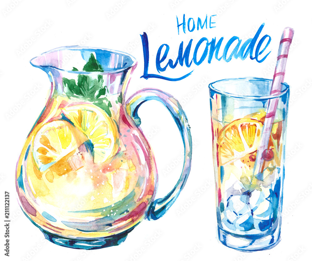 Jug and glass with lemonad - obrazy, fototapety, plakaty 