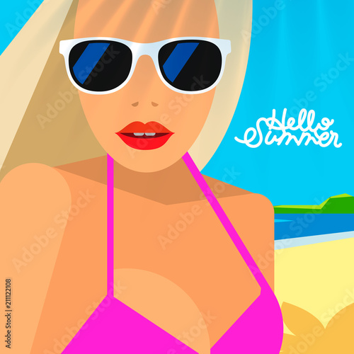 Hello Summer poster, portrait of hot girl on a beach in pink bikini and sunglasses, vector illustration