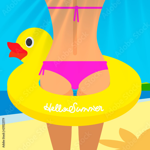 Close up of sexy female ass in pink bikini and yellow rubber duck, Hello Summer poster, vector illustration