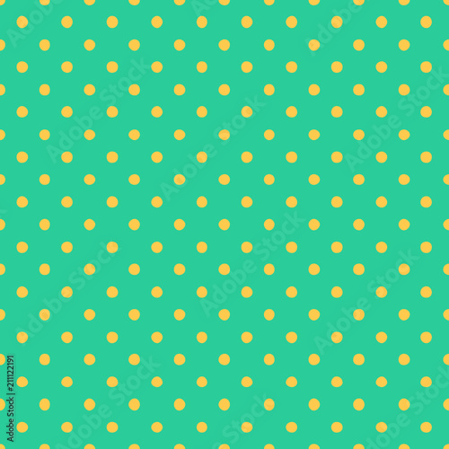 Seamless pattern with yellow polka dots on a green background Traditional tile design in vintage pop art style Vector illustration