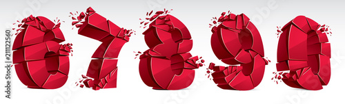 3D realistic red numbers set 6 7 8 9 0 vector illustration, breaking to pieces digits over white symbols collection.