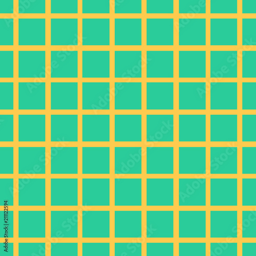 Seamless pattern with yellow intersecting stripes, cell, grid on green background. Traditional tile design. Vector illustration 
