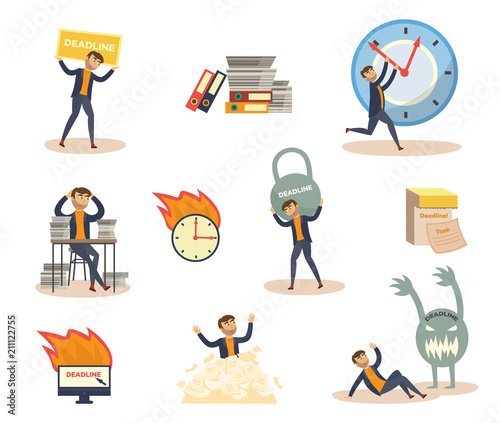 Exhausted businessman and deadline, overwork concept scenes set. Upset character holding huge kettlebell weight, stop clock hand piled up with papers, protection from monster. Vector flat illustration