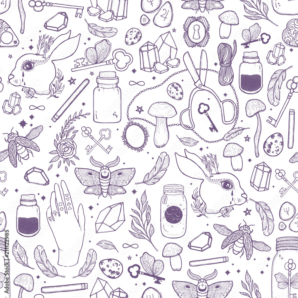 Sketch vector graphic seamless pattern illustration with mystic and ...