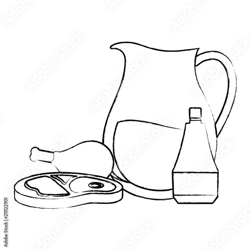 Picnic food design with lemonade pitcher and steak meat over white background, vector illustration