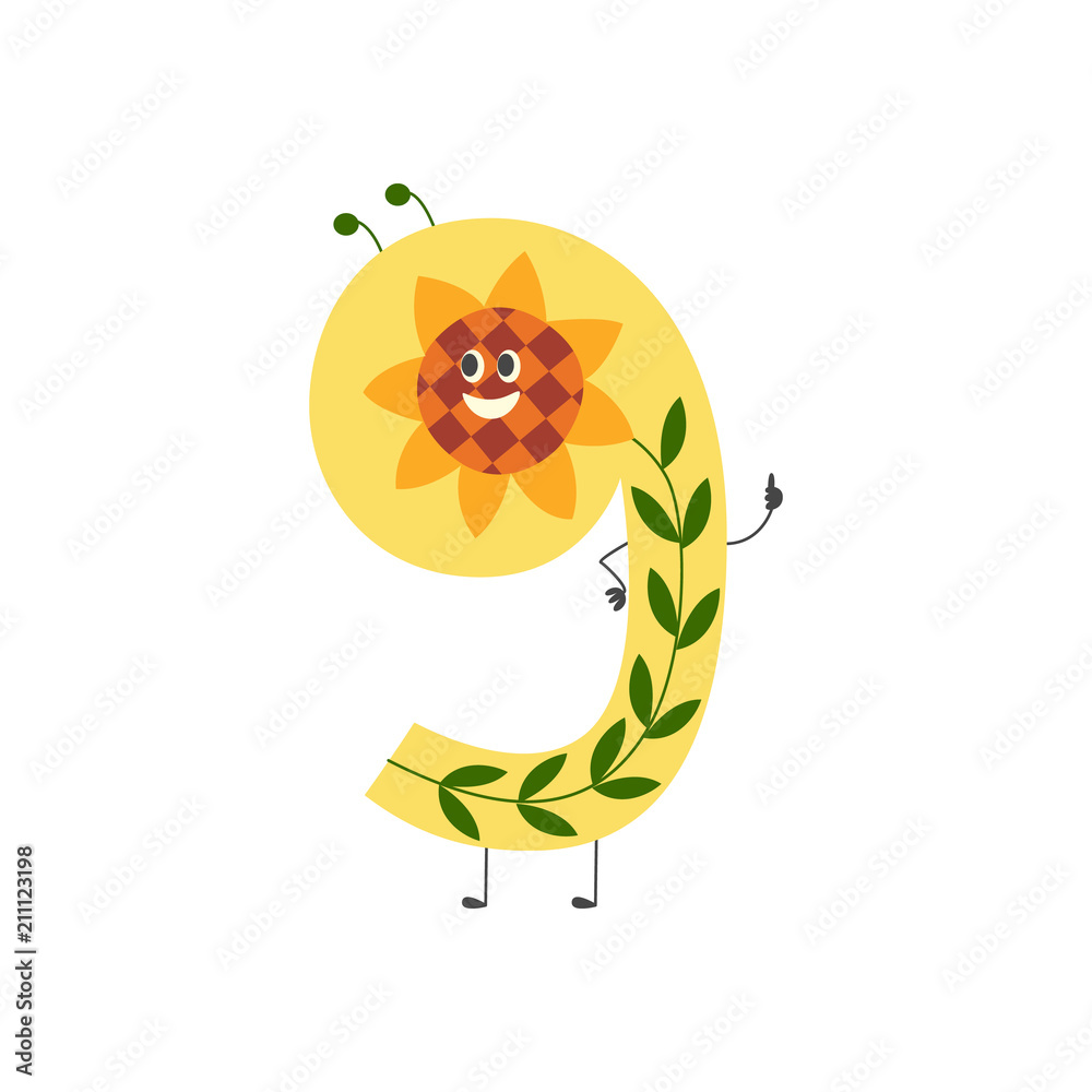 Number nine cute cartoon character isolated on white background - funny  vector illustration of mathematics element for kids education or birthday  invitation, collection comic number 9. Stock Vector | Adobe Stock