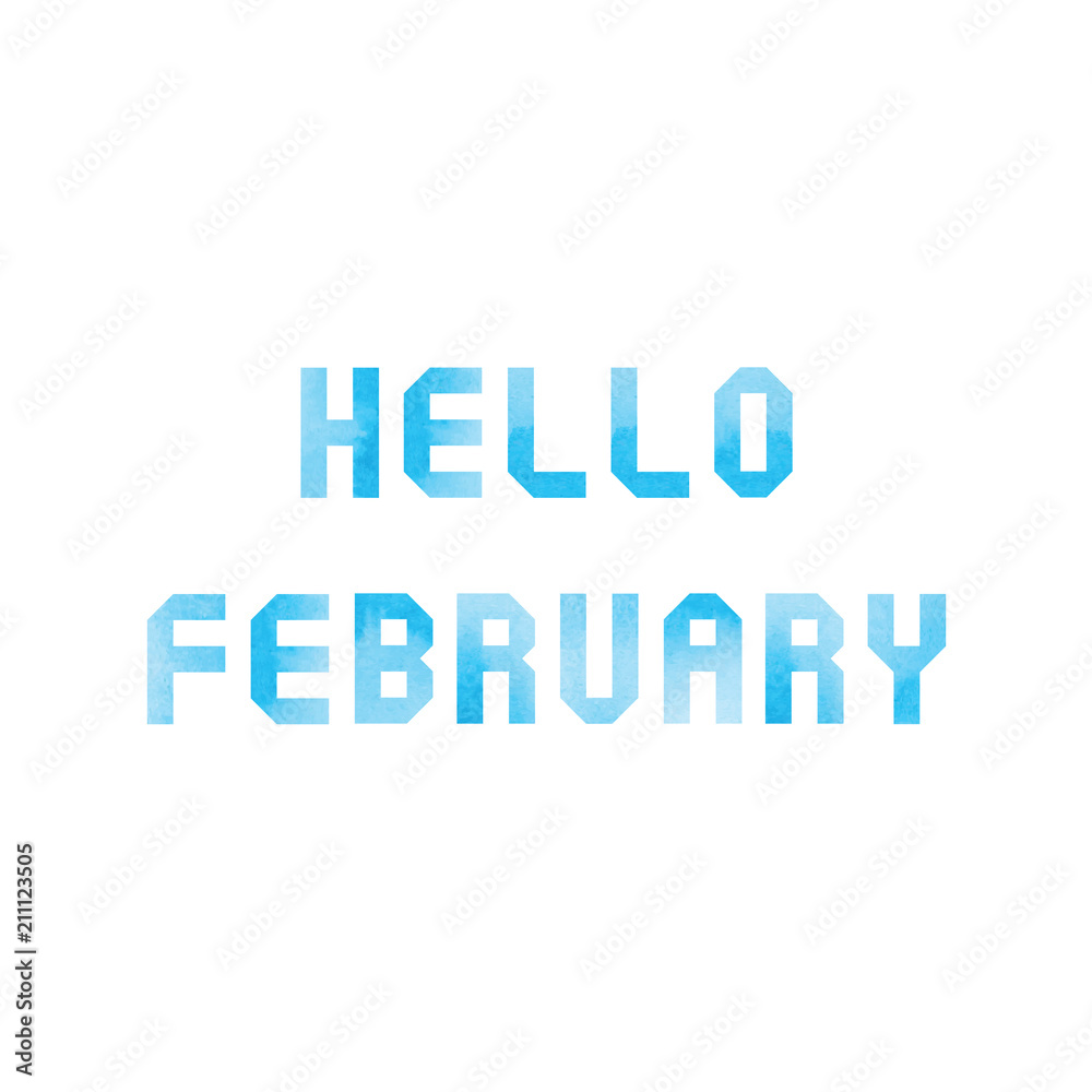 Hello February card with blue watercolor