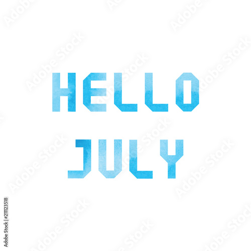 Hello July card with blue watercolor