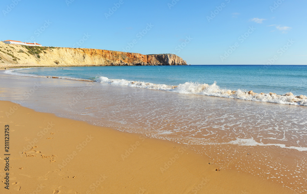Beach of Sagres, one of the most visited by European tourism. Algarve, south of Portugal.
