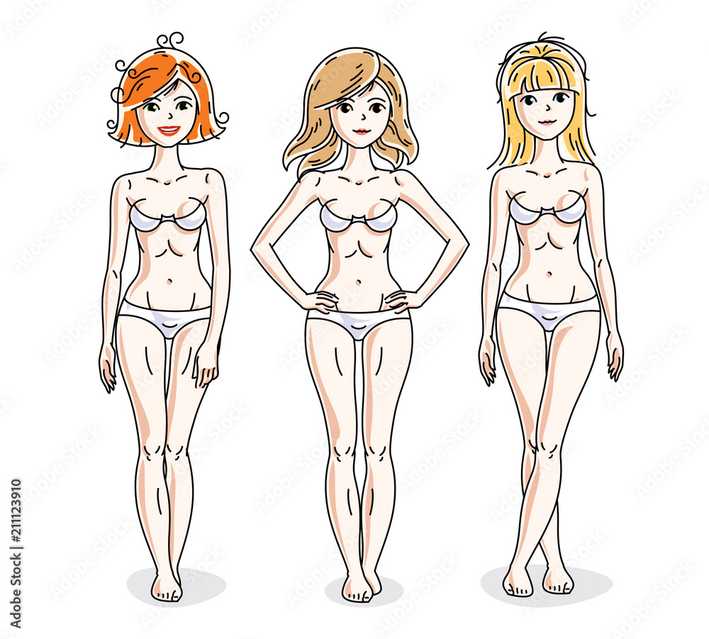 Attractive young women group standing in white underwear. Vector people illustrations set. Slim female with perfect body. Attractive young women group standing in white underwear. Vector people illustrations set. Slim female with perfect body.