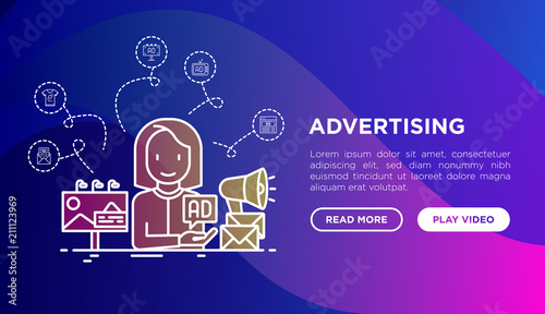 Advertising concept: woman gives ad on billboard, email and social media. Thin line icons: news, web site, product promotion, GEO targeting, custom shirt. Vector illustration, web page template.
