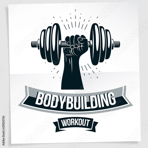 Weightlifting club promotion flyer. Strong muscular arm holds dumbbell, vector illustration.