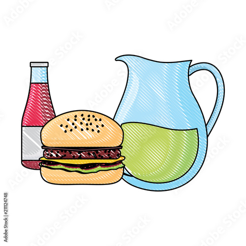 lemonade pitcher with hamburger and sauce bottle icon over white background, vector illustration