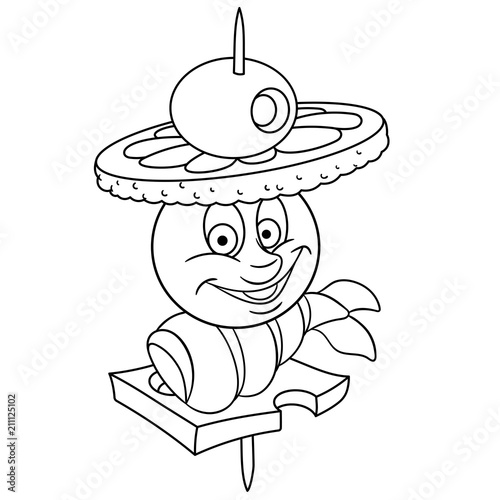 Coloring page. Coloring book. Salmon fish canape. Happy Food concept. Cartoon design for t-shirt print, icon, logo, label, patch, sticker.