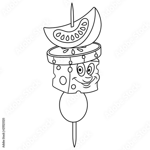 Coloring page. Coloring book. Canape with vegetables. Happy Food concept. Cartoon design for t-shirt print, icon, logo, label, patch, sticker.